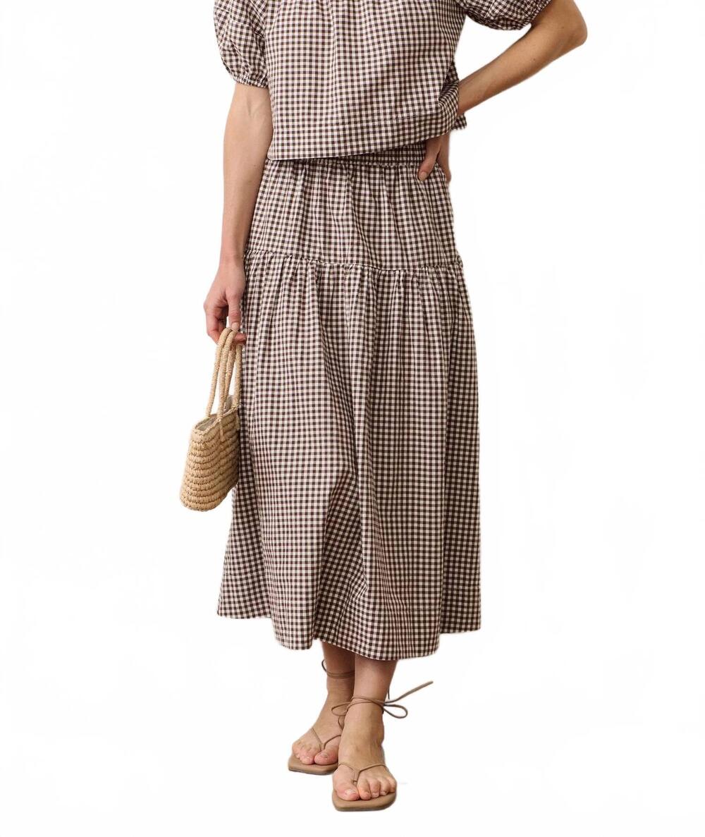 NEW MARINE LAYER gia poplin skirt in chocolate gingham